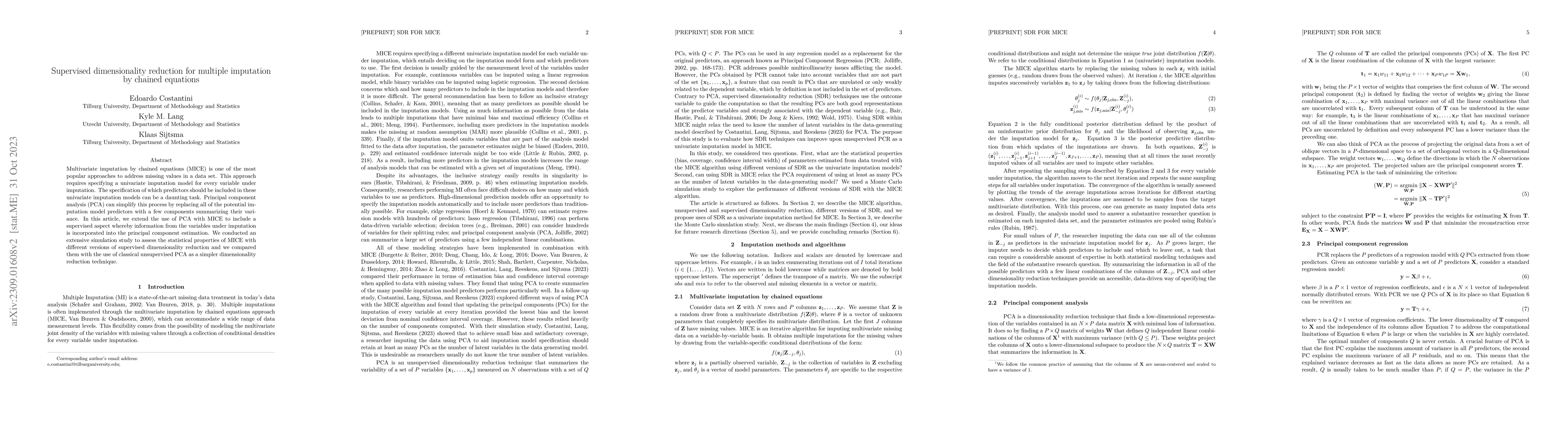 Thumbnail for Supervised dimensionality reduction for multiple imputation by chained
  equations