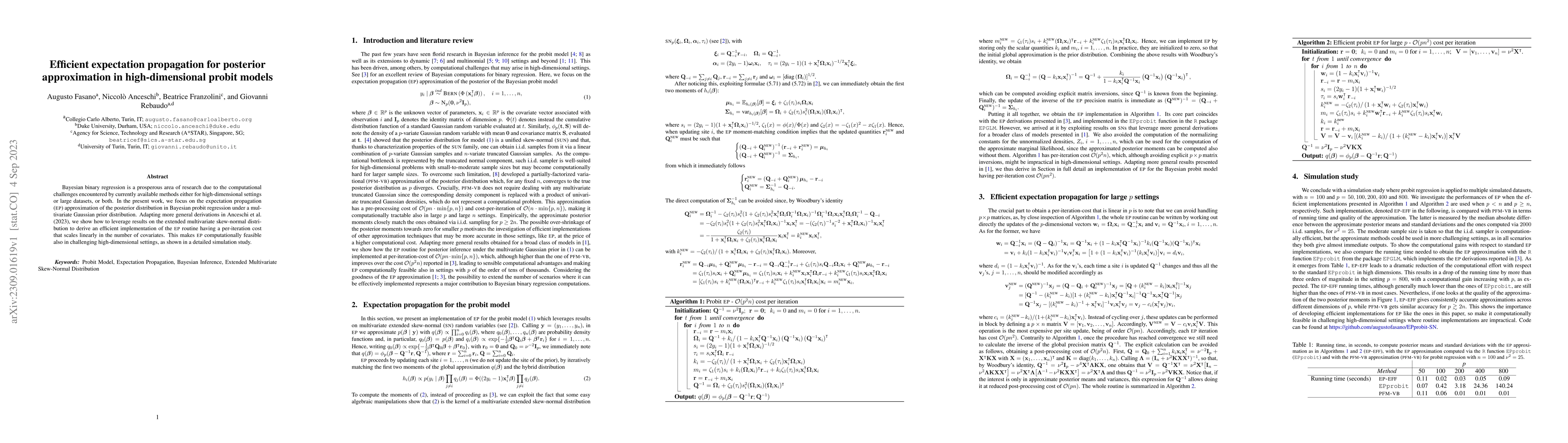 Thumbnail for Efficient expectation propagation for posterior approximation in
  high-dimensional probit models