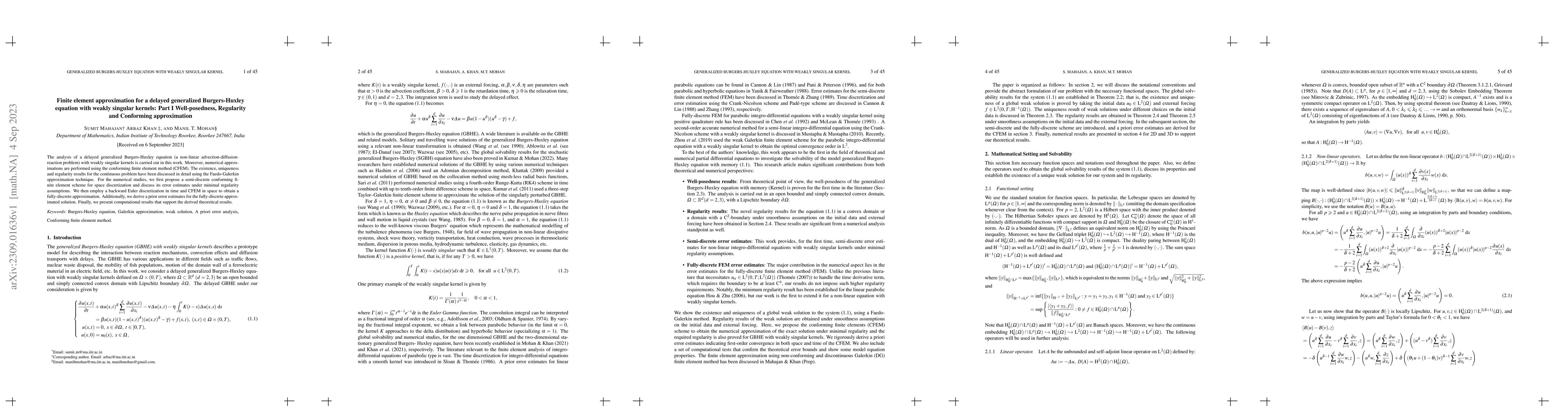 Thumbnail for Finite element approximation for a delayed generalized Burgers-Huxley
  equation with weakly singular kernels: Part I Well-posedness, Regularity and
  Conforming approximation