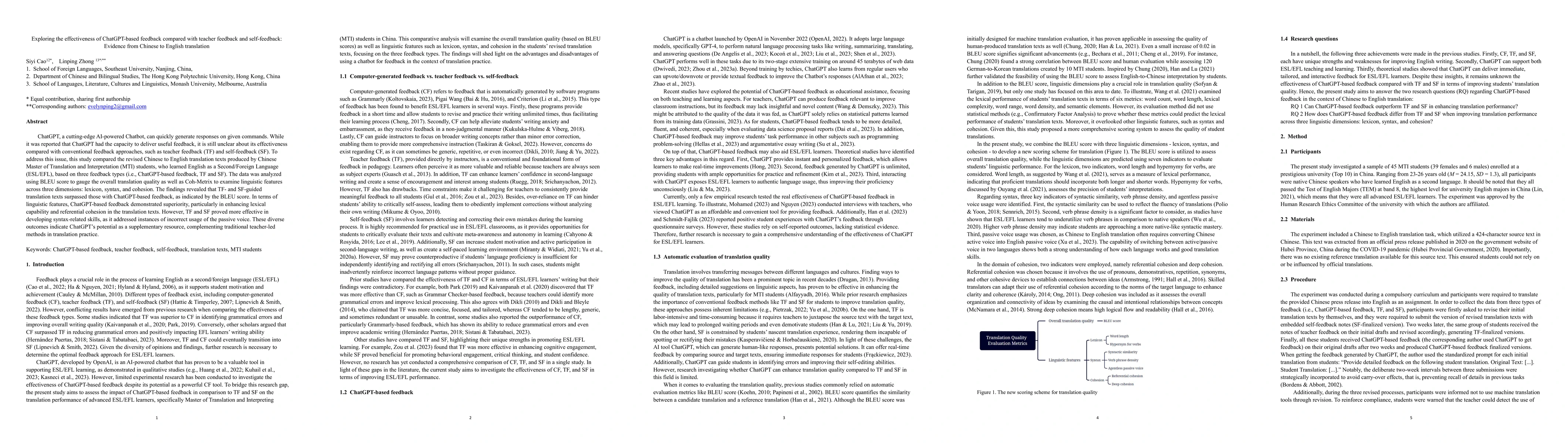 Thumbnail for Exploring the effectiveness of ChatGPT-based feedback compared with
  teacher feedback and self-feedback: Evidence from Chinese to English
  translation