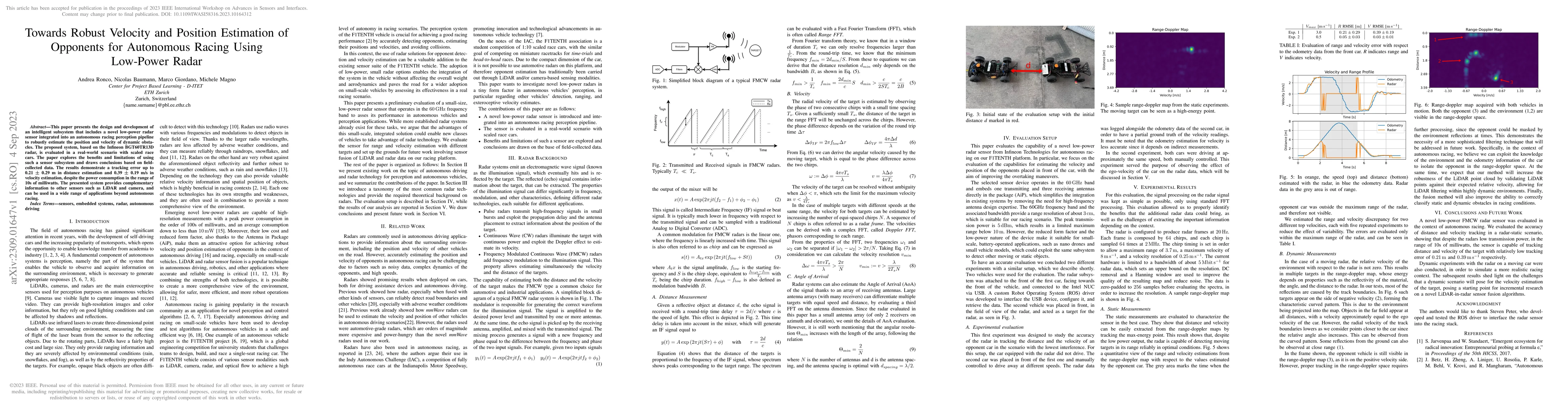 Thumbnail for Towards Robust Velocity and Position Estimation of Opponents for
  Autonomous Racing Using Low-Power Radar
