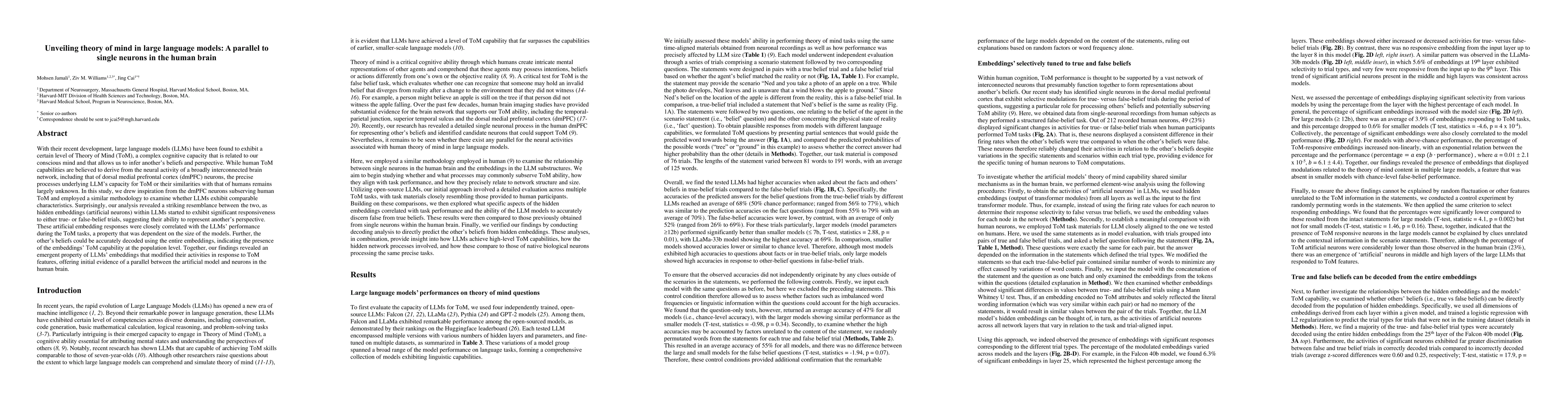 Thumbnail for Unveiling Theory of Mind in Large Language Models: A Parallel to Single
  Neurons in the Human Brain