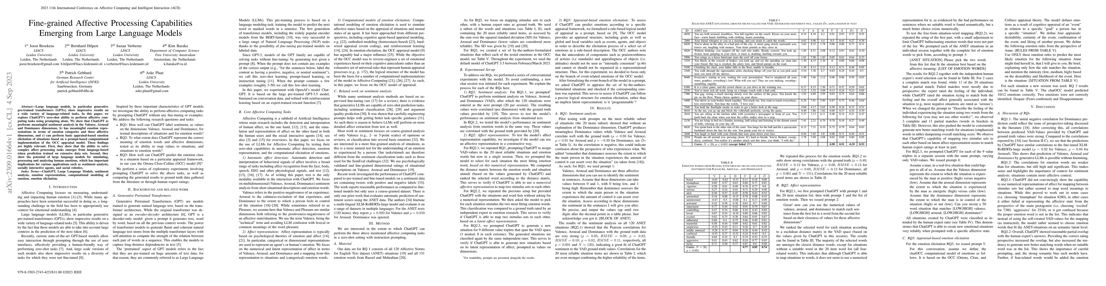 Thumbnail for Fine-grained Affective Processing Capabilities Emerging from Large
  Language Models