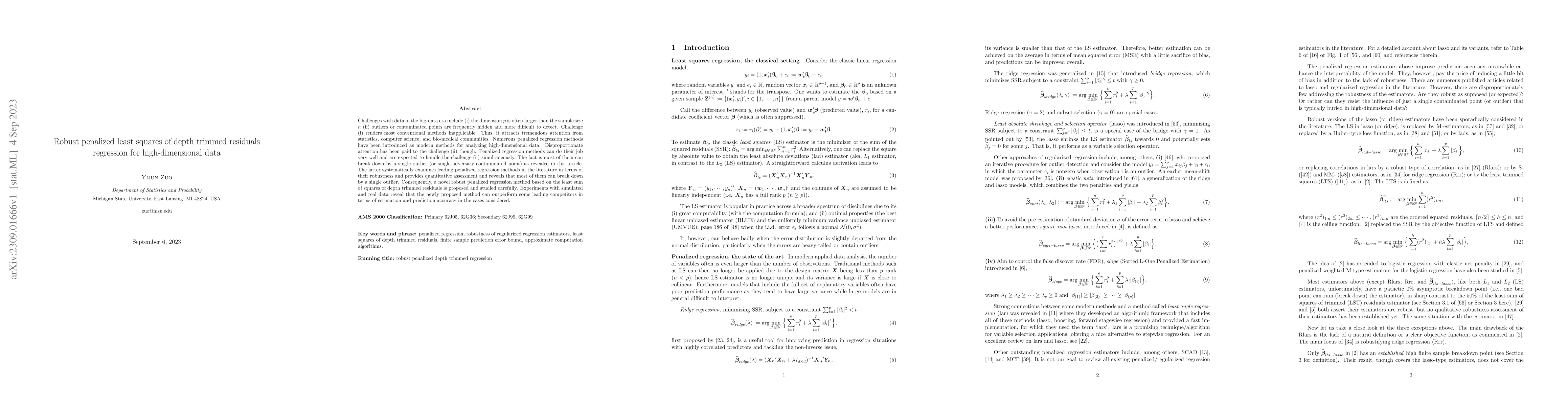 Thumbnail for Robust penalized least squares of depth trimmed residuals regression for
  high-dimensional data