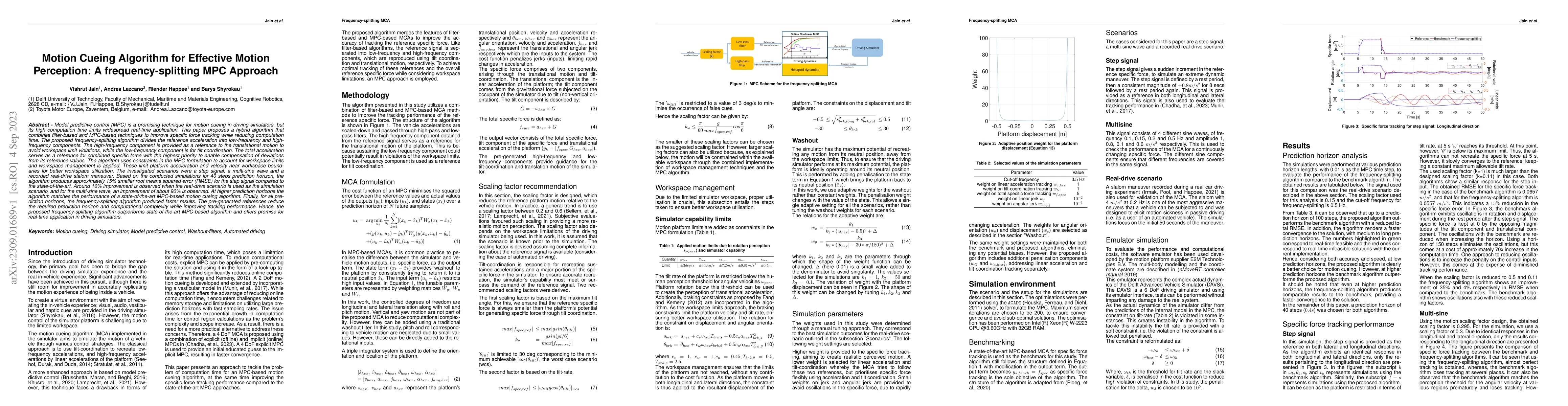 Thumbnail for Motion Cueing Algorithm for Effective Motion Perception: A
  frequency-splitting MPC Approach