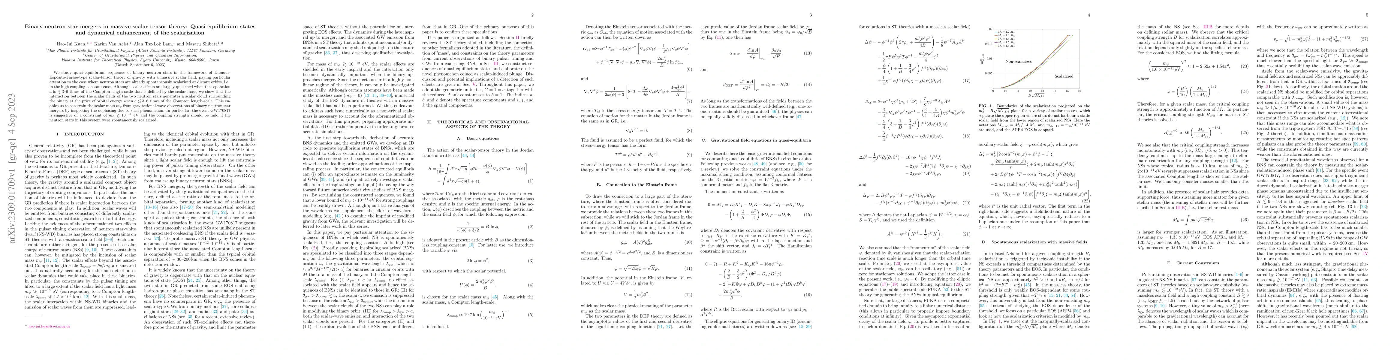 Thumbnail for Binary neutron star mergers in massive scalar-tensor theory:
  Quasi-equilibrium states and dynamical enhancement of the scalarization