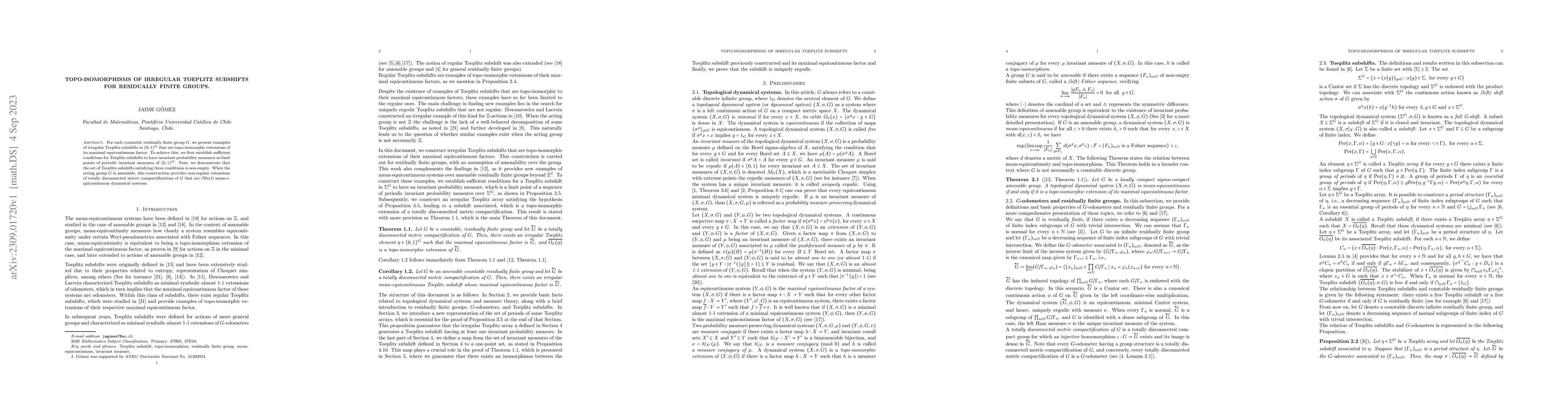 Thumbnail for Topo-isomorphisms of irregular Toeplitz subshifts for residually finite
  groups