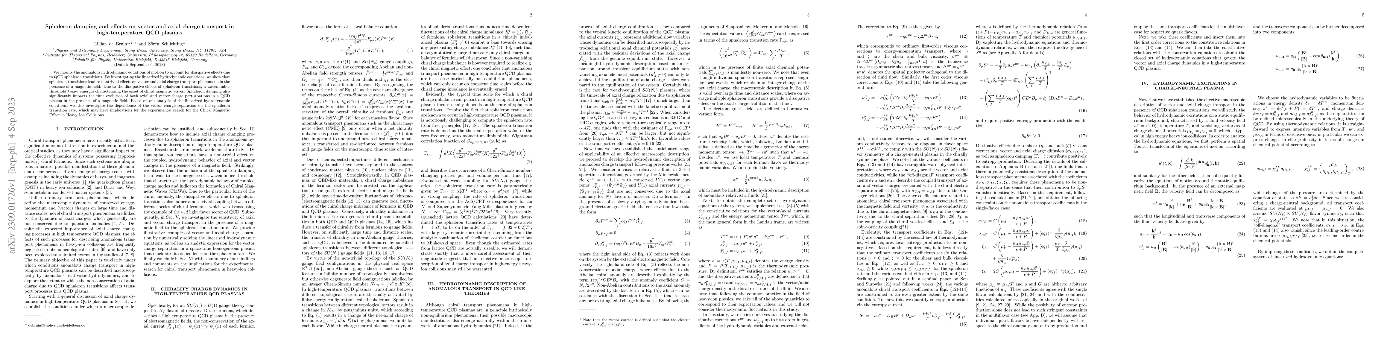 Thumbnail for Sphaleron damping and effects on vector and axial charge transport in
  high-temperature QCD plasmas
