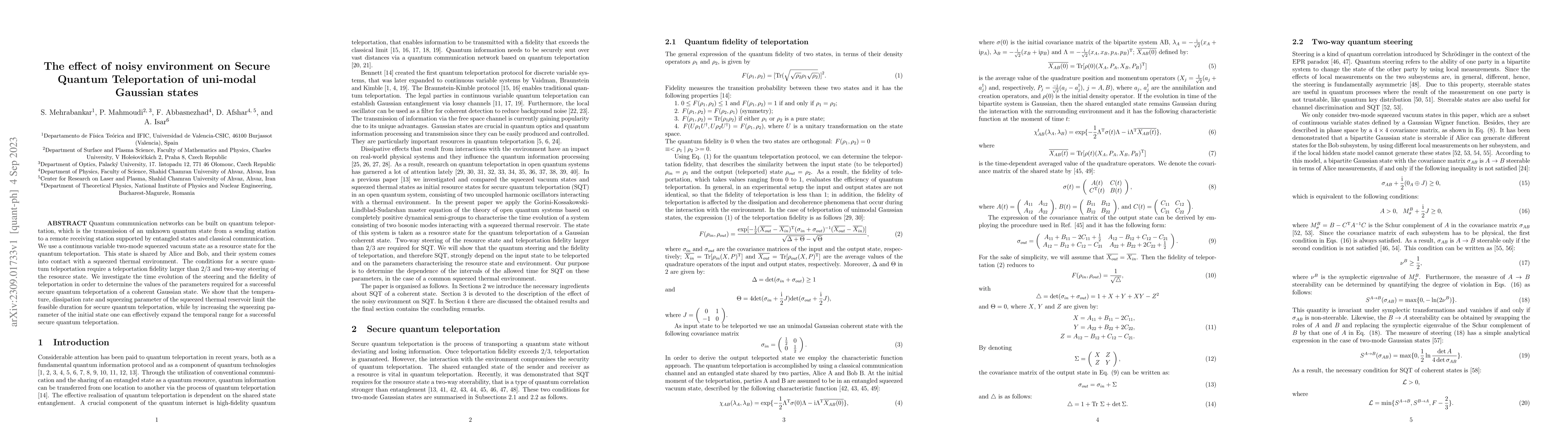 Thumbnail for The effect of noisy environment on Secure Quantum Teleportation of
  uni-modal Gaussian states