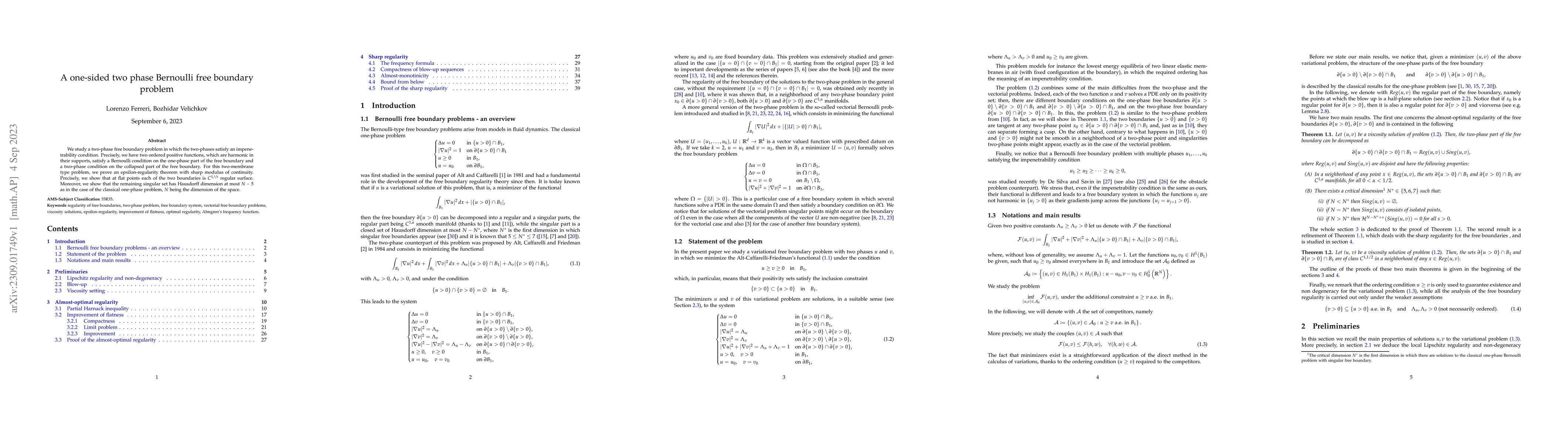 Thumbnail for A one-sided two phase Bernoulli free boundary problem