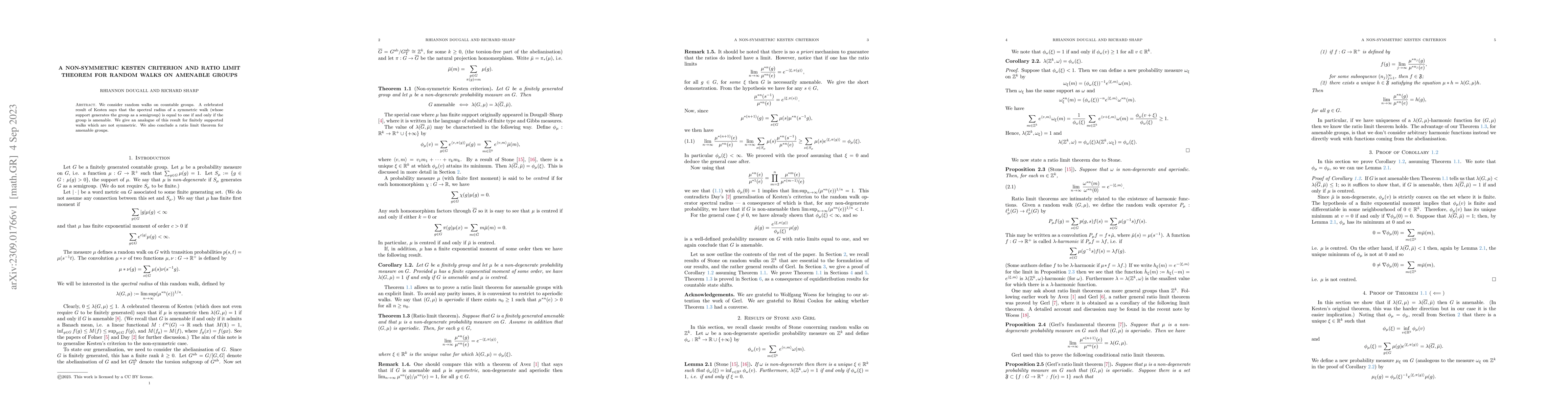 Thumbnail for A non-symmetric Kesten criterion and ratio limit theorem for random
  walks on amenable groups