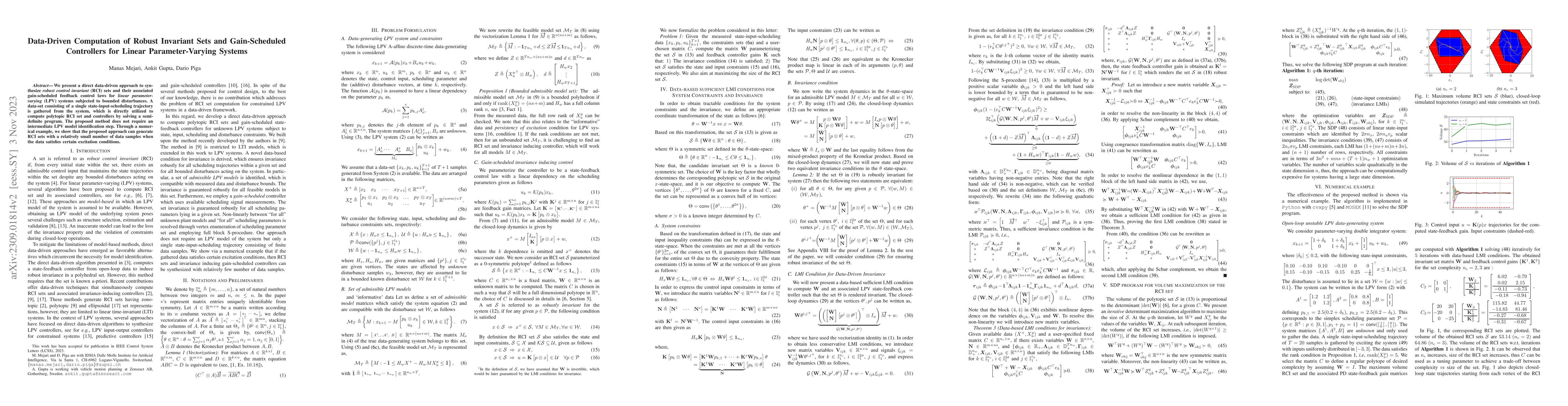 Thumbnail for Data-Driven Computation of Robust Invariant Sets and Gain-Scheduled
  Controllers for Linear Parameter-Varying Systems