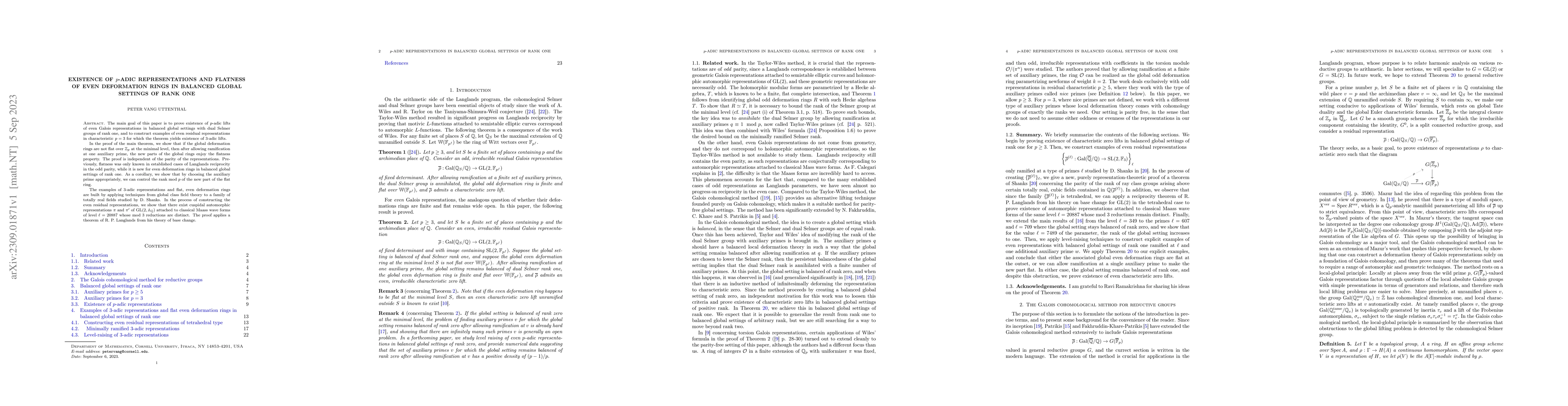 Thumbnail for Existence of $p$-adic representations and flatness of even deformation
  rings in balanced global settings of rank one