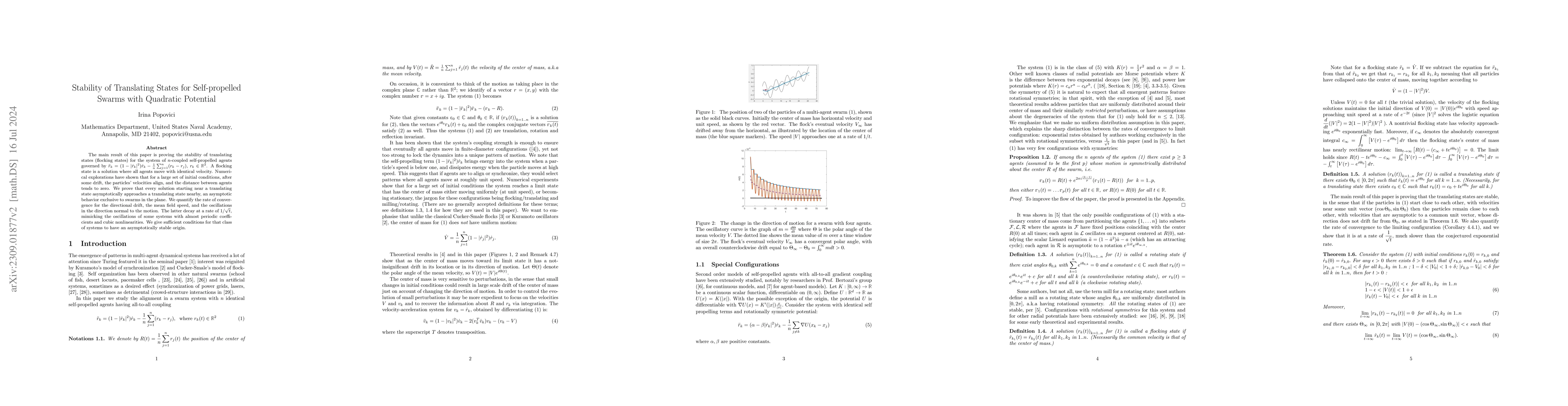 Thumbnail for Stability of Translating States for Self-propelled Swarms with Quadratic
  Potential