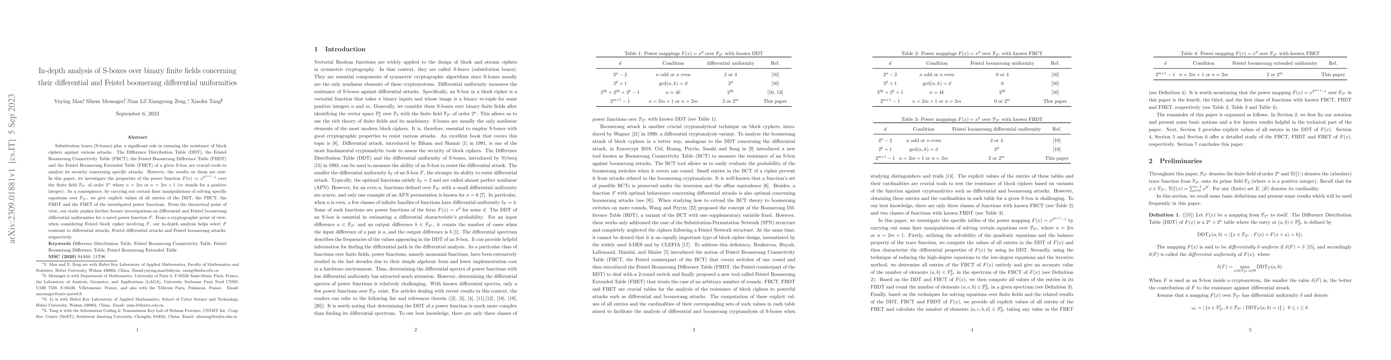 Thumbnail for In-depth analysis of S-boxes over binary finite fields concerning their
  differential and Feistel boomerang differential uniformities