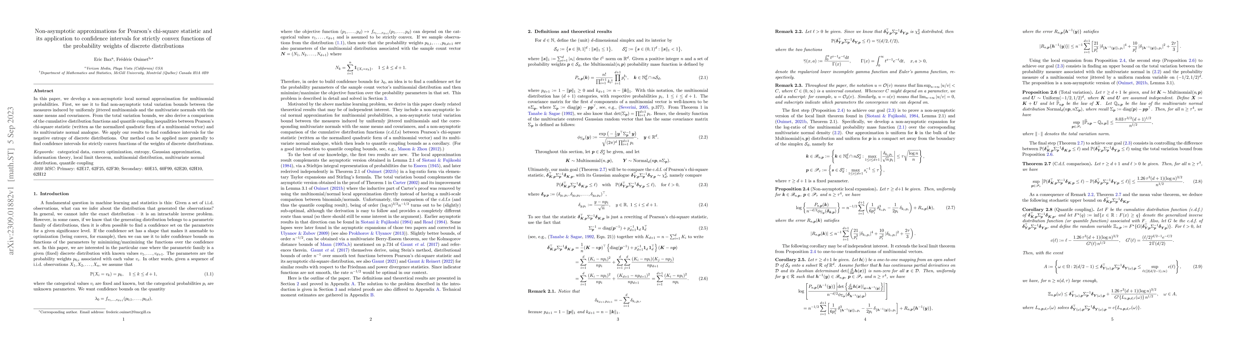 Thumbnail for Non-asymptotic approximations for Pearson's chi-square statistic and its
  application to confidence intervals for strictly convex functions of the
  probability weights of discrete distributions