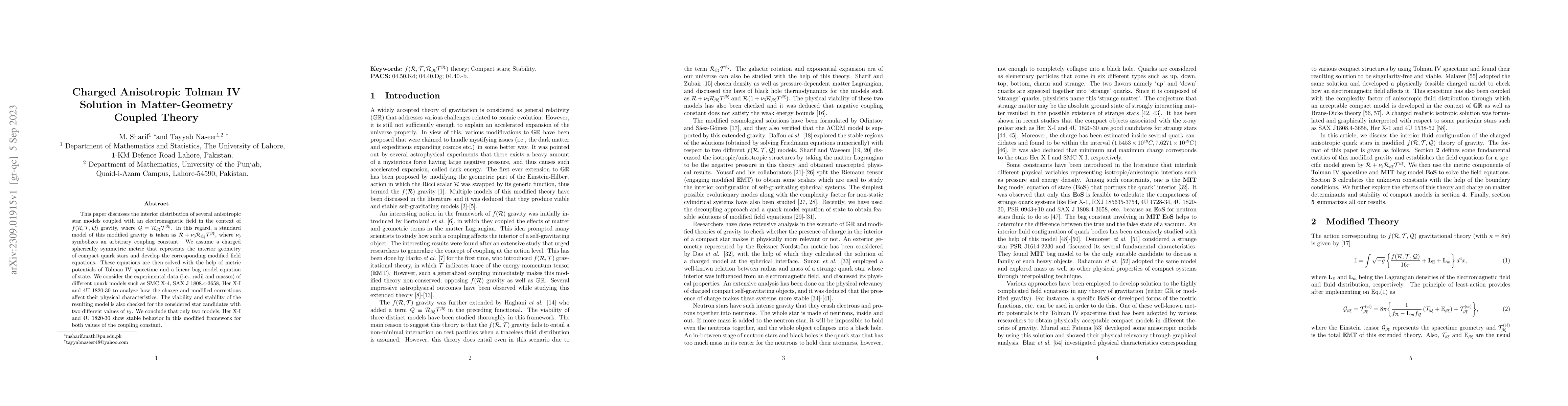 Thumbnail for Charged Anisotropic Tolman IV Solution in Matter-Geometry Coupled Theory