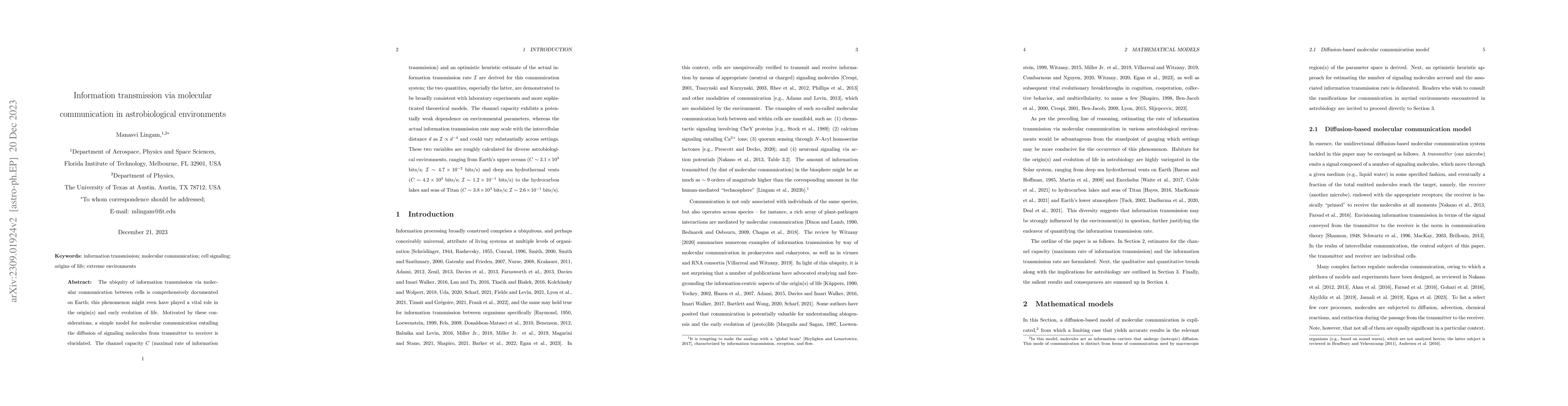 Thumbnail for Information Transmission via Molecular Communication in Astrobiological
  Environments