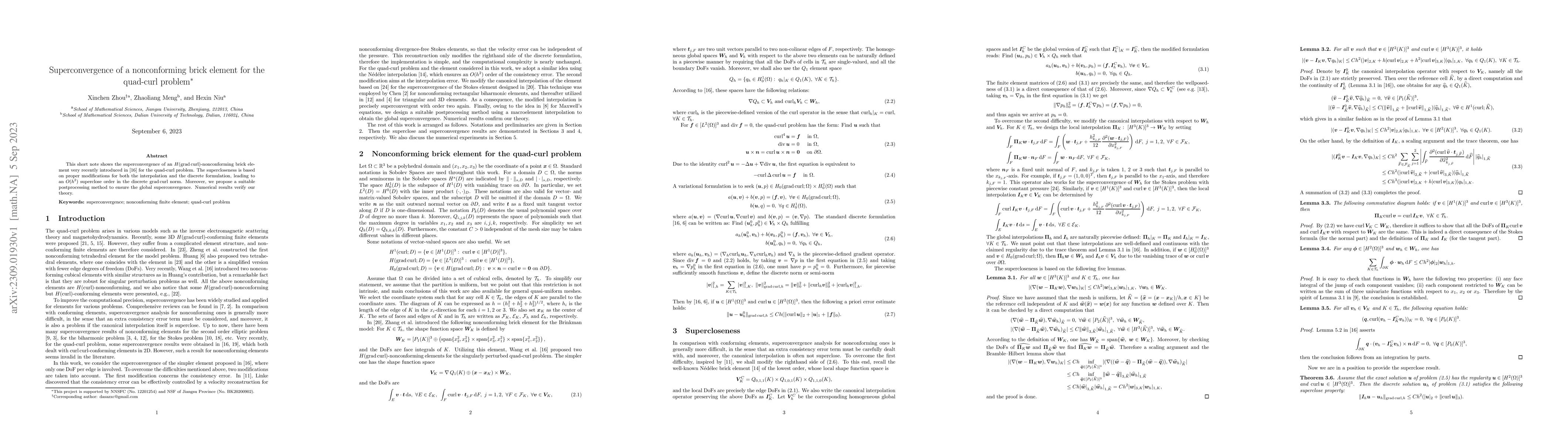 Thumbnail for Superconvergence of a nonconforming brick element for the quad-curl
  problem