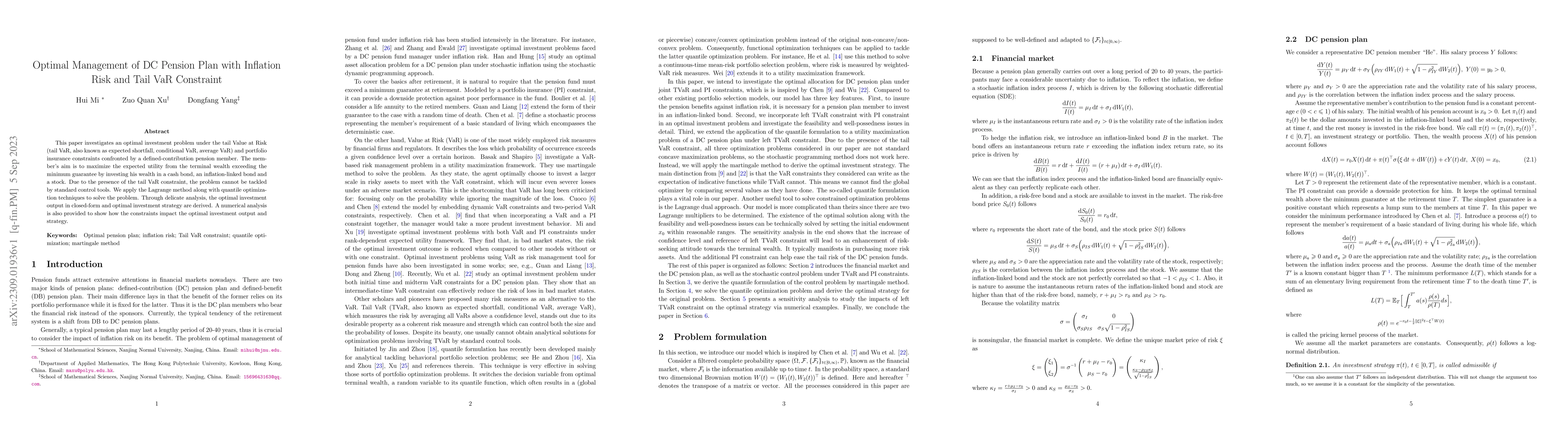 Thumbnail for Optimal Management of DC Pension Plan with Inflation Risk and Tail VaR
  Constraint