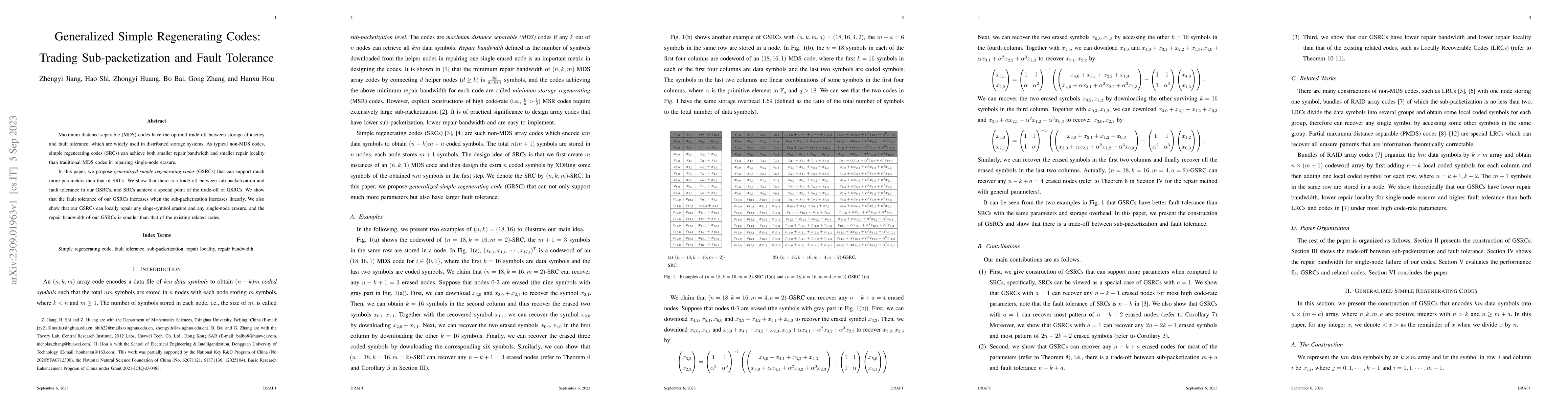 Thumbnail for Generalized Simple Regenerating Codes: Trading Sub-packetization and
  Fault Tolerance