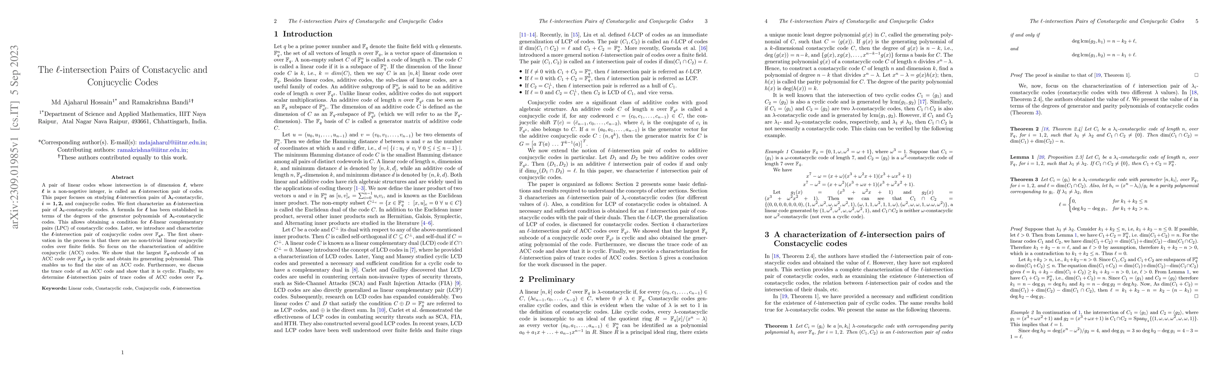 Thumbnail for The $\ell$-intersection Pairs of Constacyclic and Conjucyclic Codes