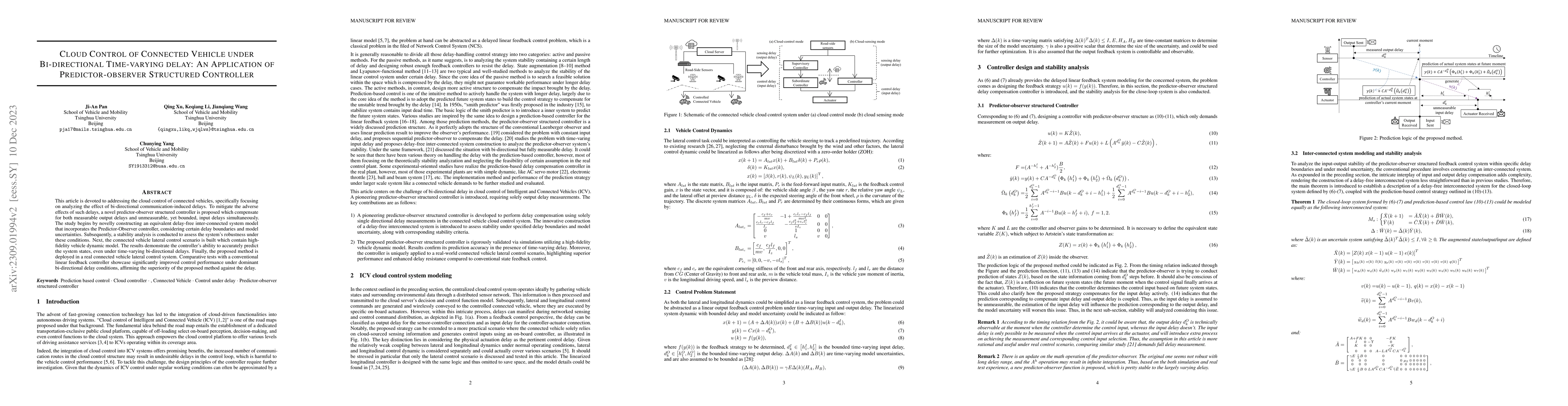 Thumbnail for Cloud Control of Connected Vehicle under Bi-directional Time-varying
  delay: An Application of Predictor-observer Structured Controller