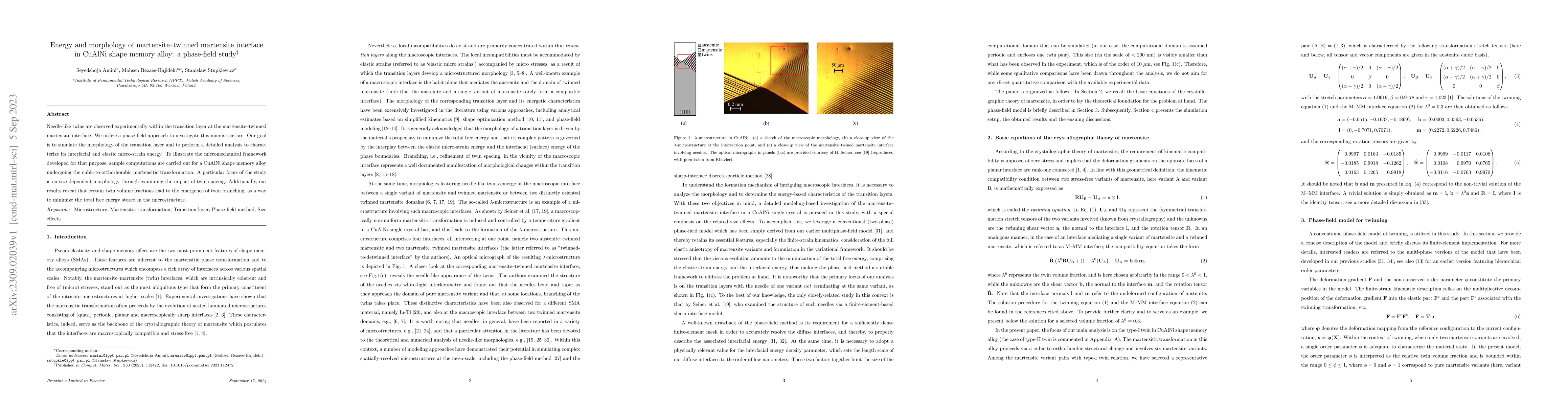 Thumbnail for Energy and morphology of martensite-twinned martensite interface in
  CuAlNi shape memory alloy: a phase-field study