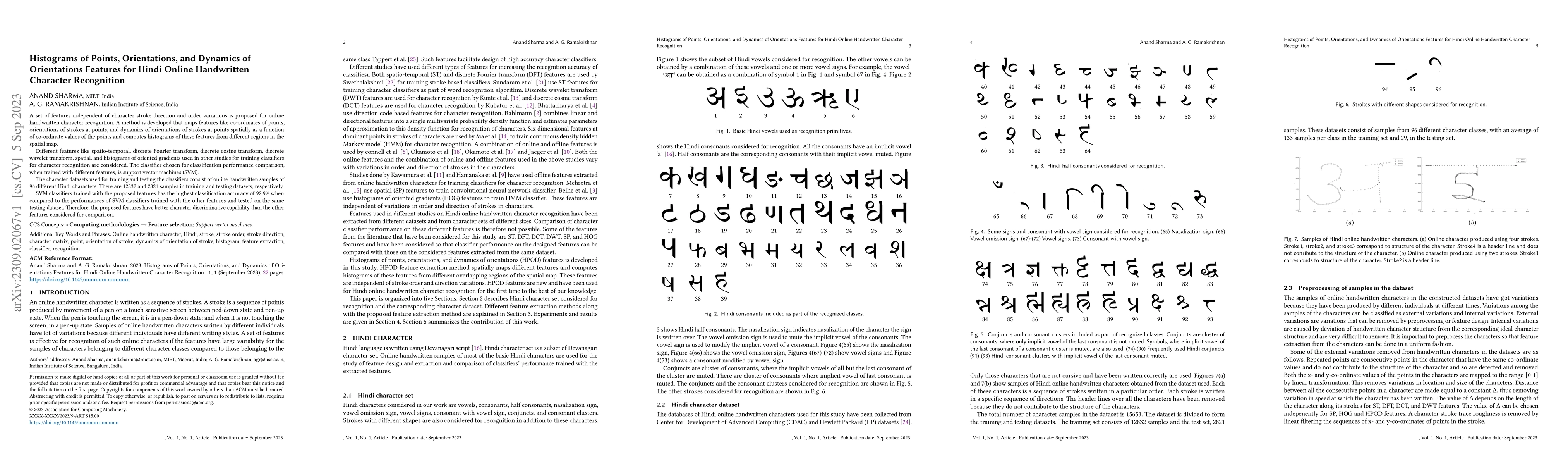 Thumbnail for Histograms of Points, Orientations, and Dynamics of Orientations
  Features for Hindi Online Handwritten Character Recognition