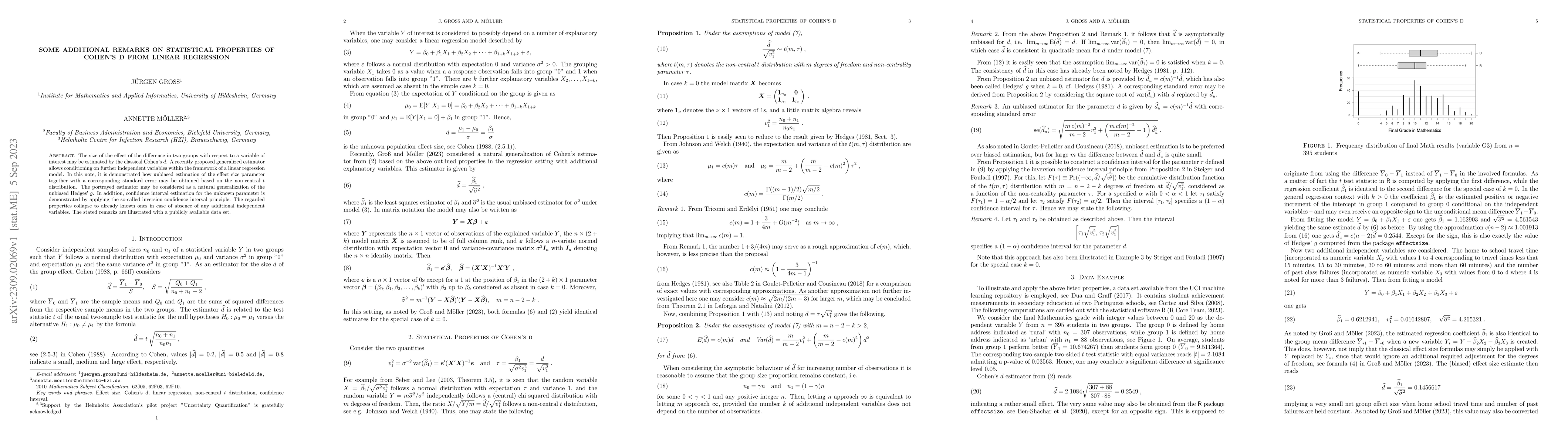 Thumbnail for Some Additional Remarks on Statistical Properties of Cohen's d from
  Linear Regression