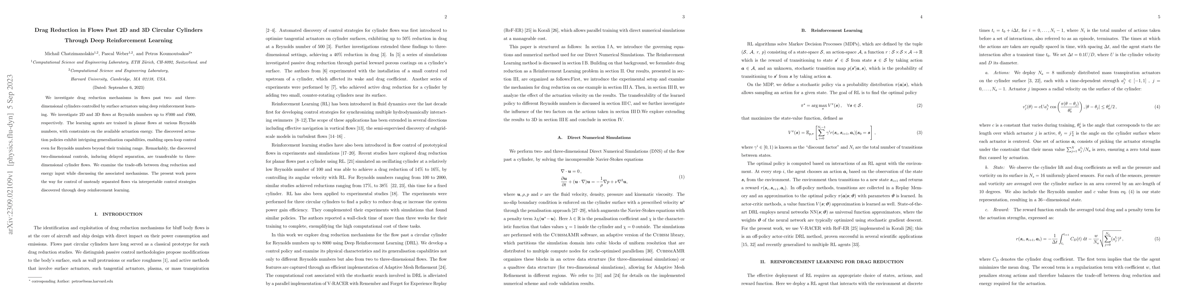 Thumbnail for Drag Reduction in Flows Past 2D and 3D Circular Cylinders Through Deep
  Reinforcement Learning