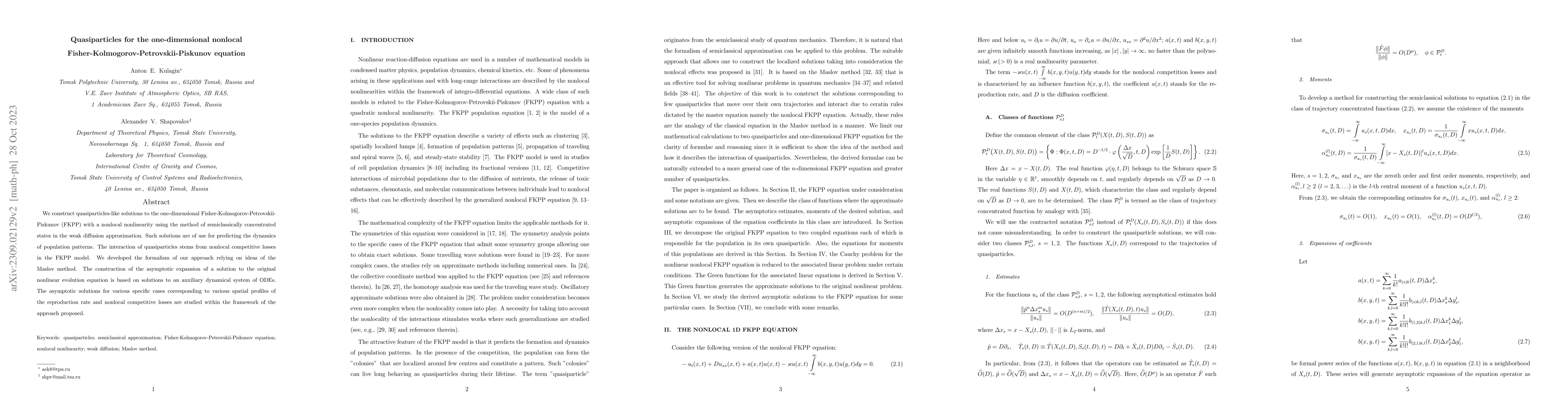 Thumbnail for Quasiparticles for the one-dimensional nonlocal
  Fisher-Kolmogorov-Petrovskii-Piskunov equation