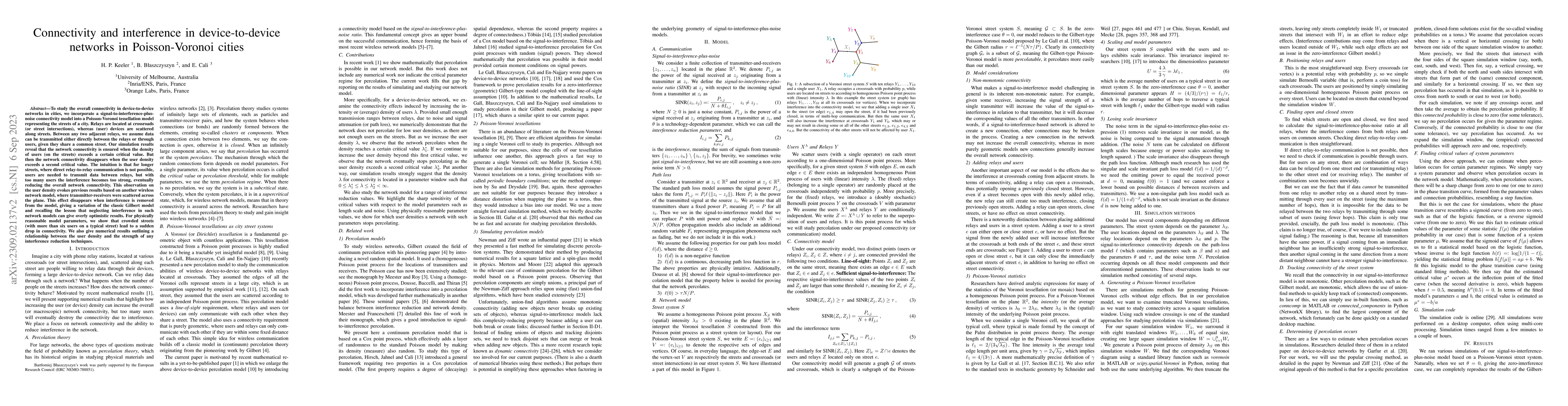 Thumbnail for Connectivity and interference in device-to-device networks in
  Poisson-Voronoi cities