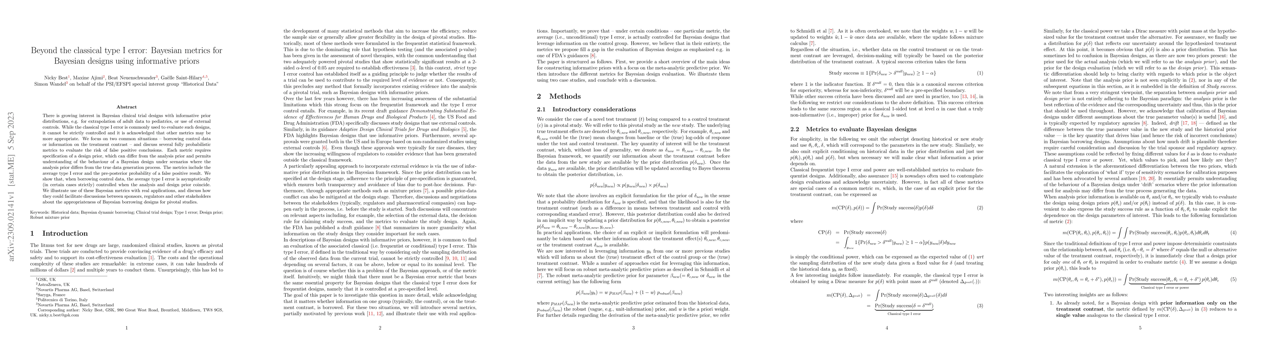 Thumbnail for Beyond the classical type I error: Bayesian metrics for Bayesian designs
  using informative priors
