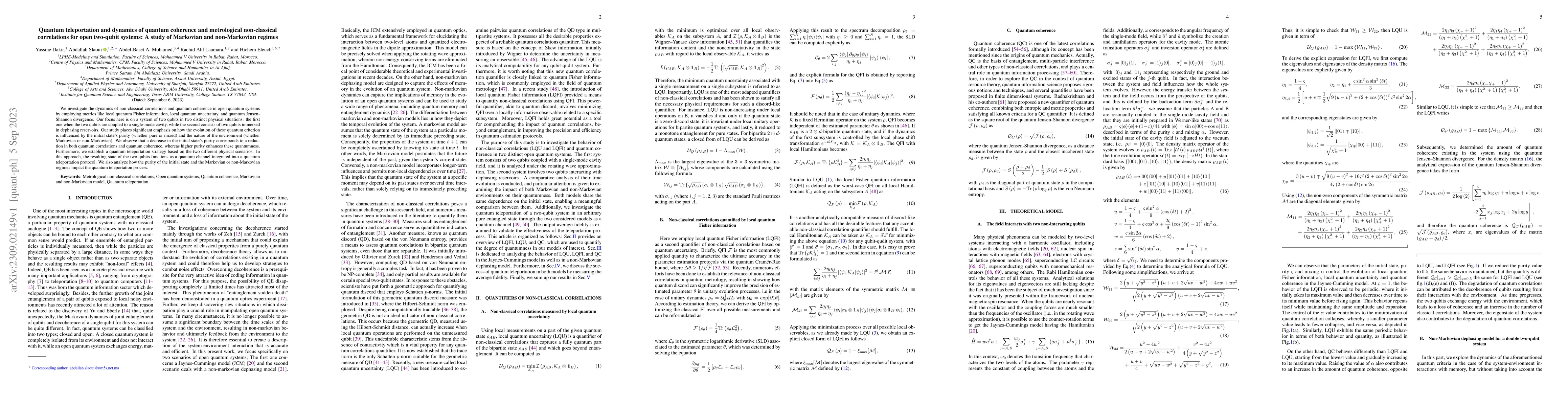 Thumbnail for Quantum teleportation and dynamics of quantum coherence and metrological
  non-classical correlations for open two-qubit systems: A study of Markovian
  and non-Markovian regimes