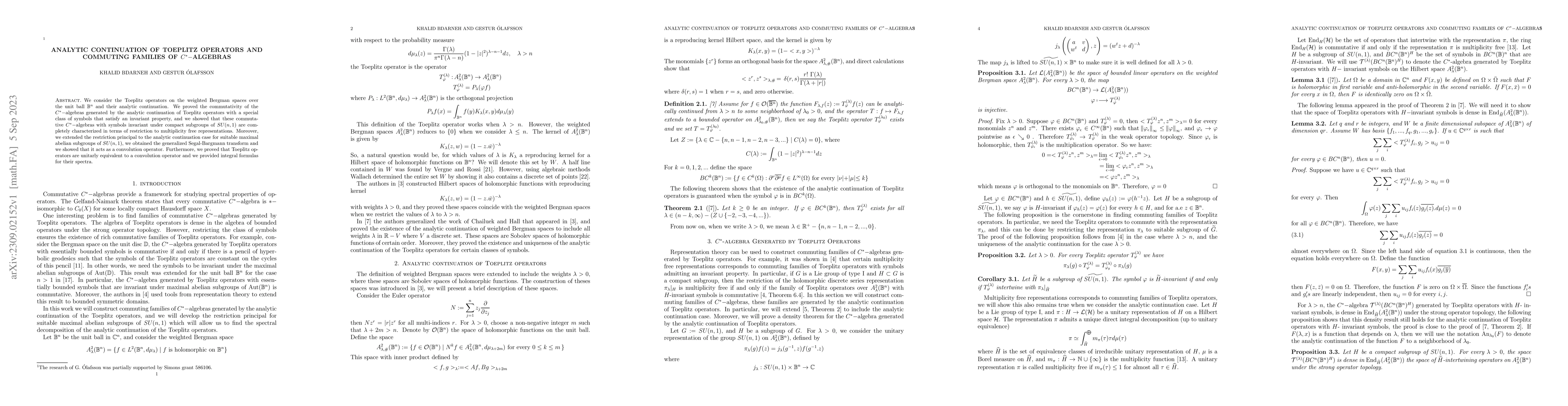 Thumbnail for Analytic continuation of Toeplitz operators and commuting families of
  $C^*-$algebras