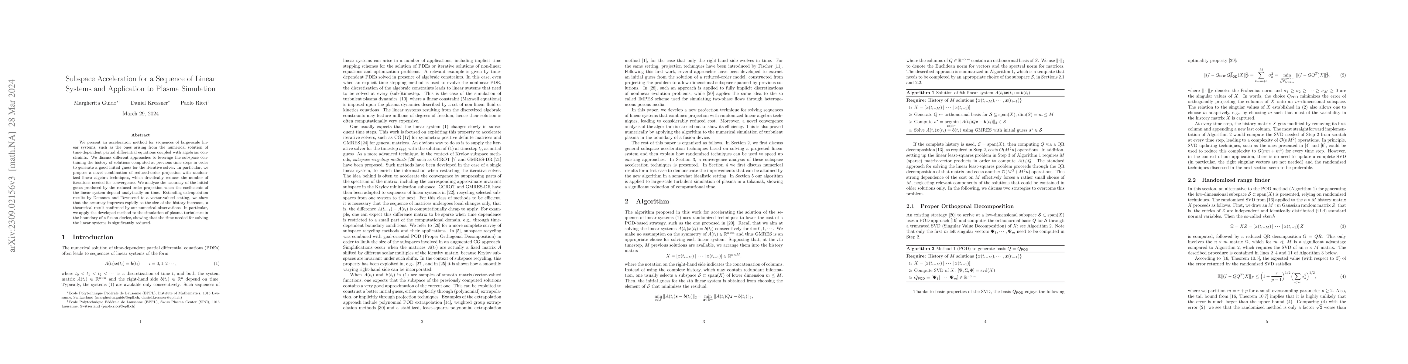 Thumbnail for Subspace Acceleration for a Sequence of Linear Systems and Application
  to Plasma Simulation