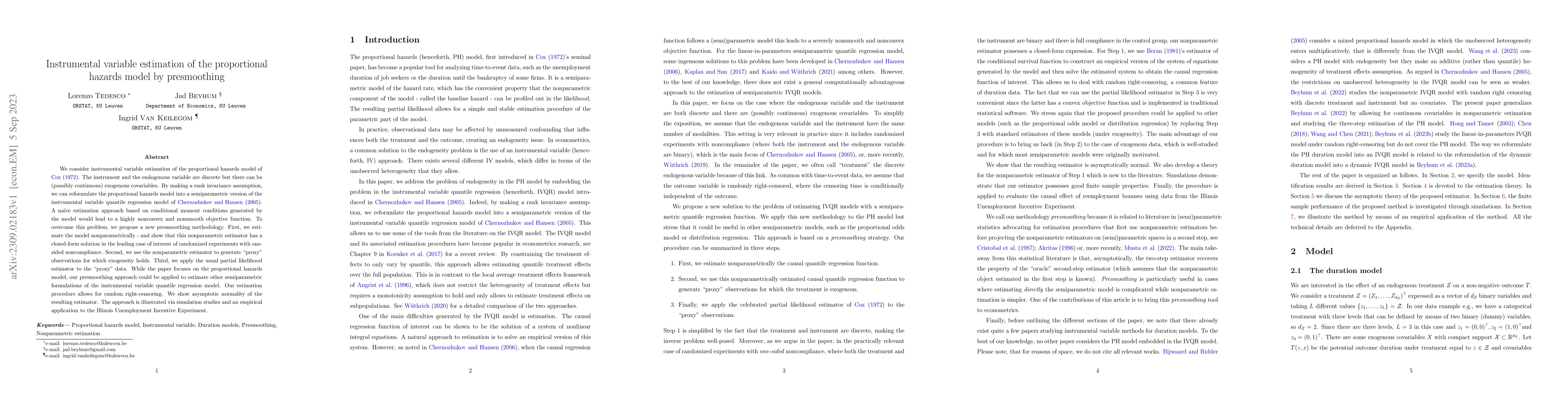 Thumbnail for Instrumental variable estimation of the proportional hazards model by
  presmoothing