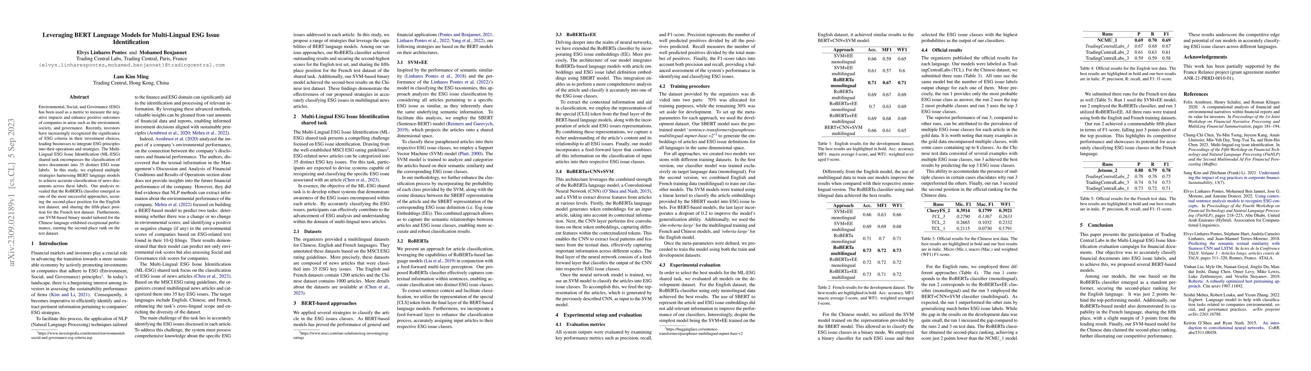 Thumbnail for Leveraging BERT Language Models for Multi-Lingual ESG Issue
  Identification