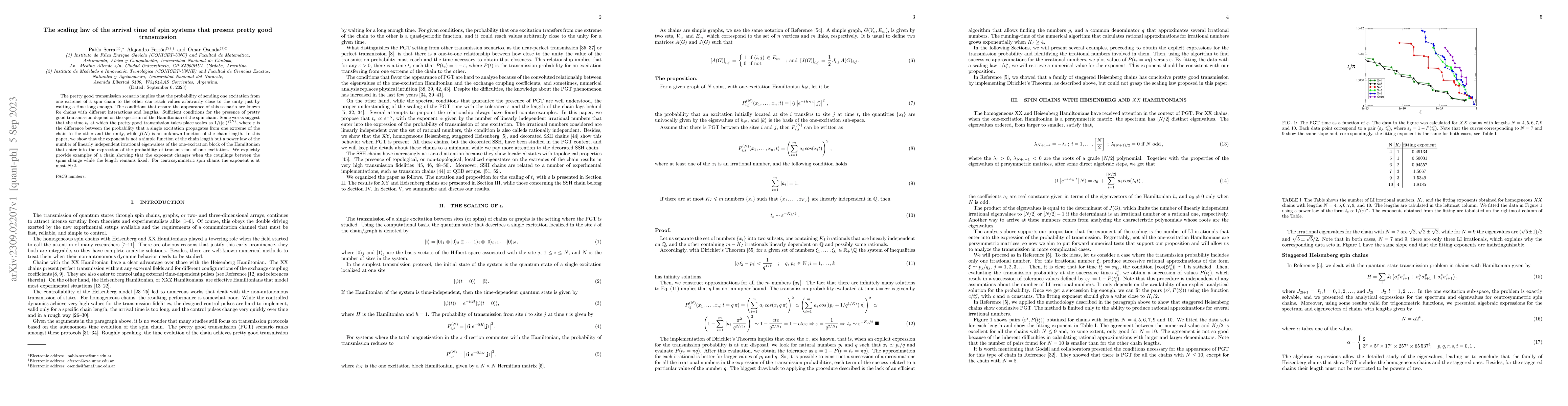 Thumbnail for The scaling law of the arrival time of spin systems that present pretty
  good transmission