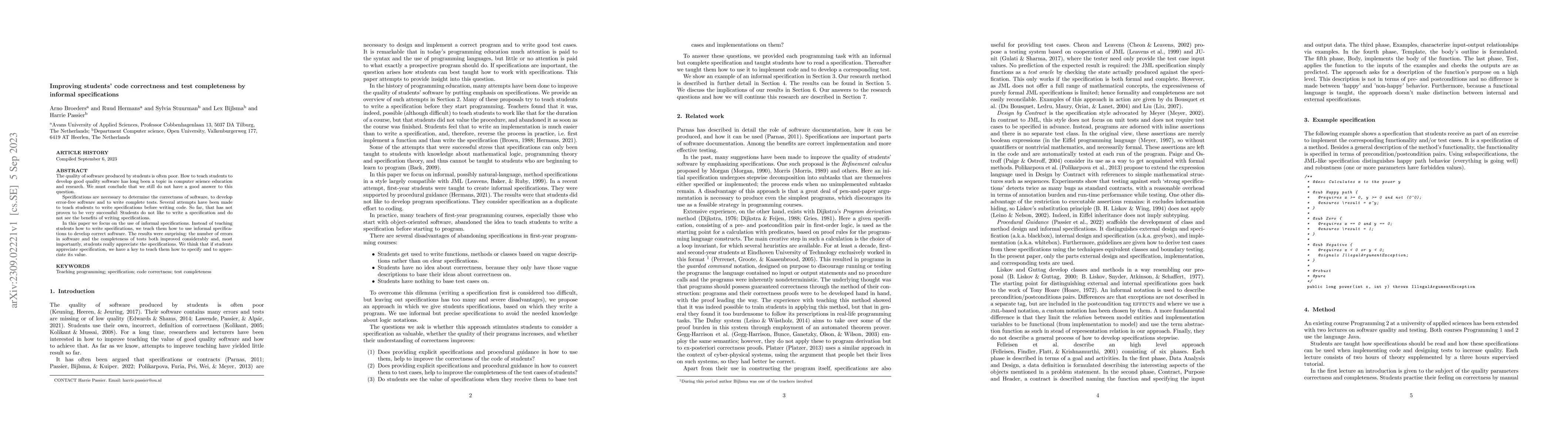 Thumbnail for Improving students' code correctness and test completeness by informal
  specifications