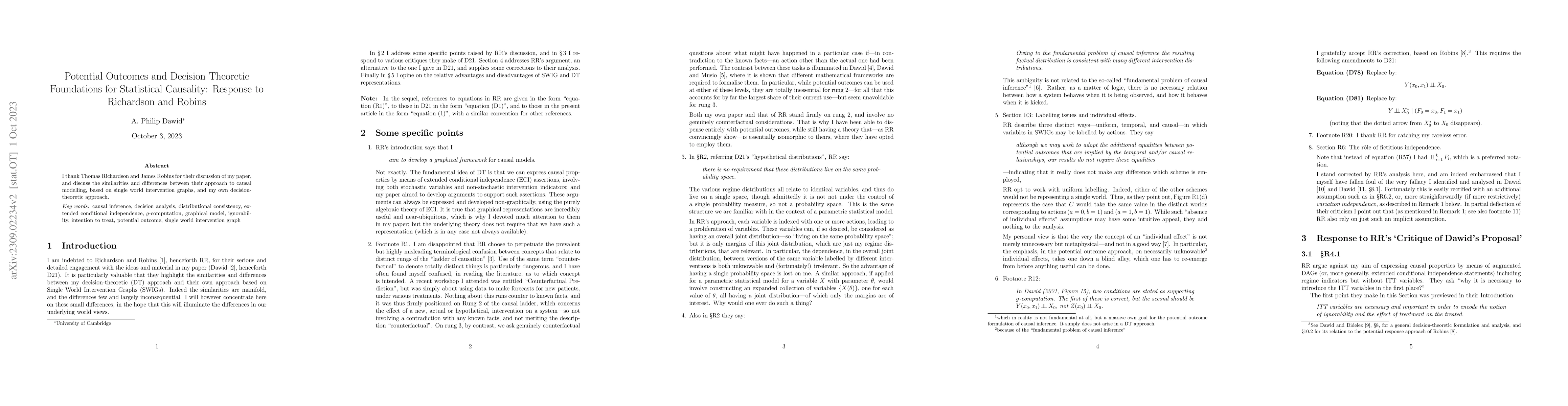 Thumbnail for Potential Outcomes and Decision Theoretic Foundations for Statistical
  Causality: Response to Richardson and Robins