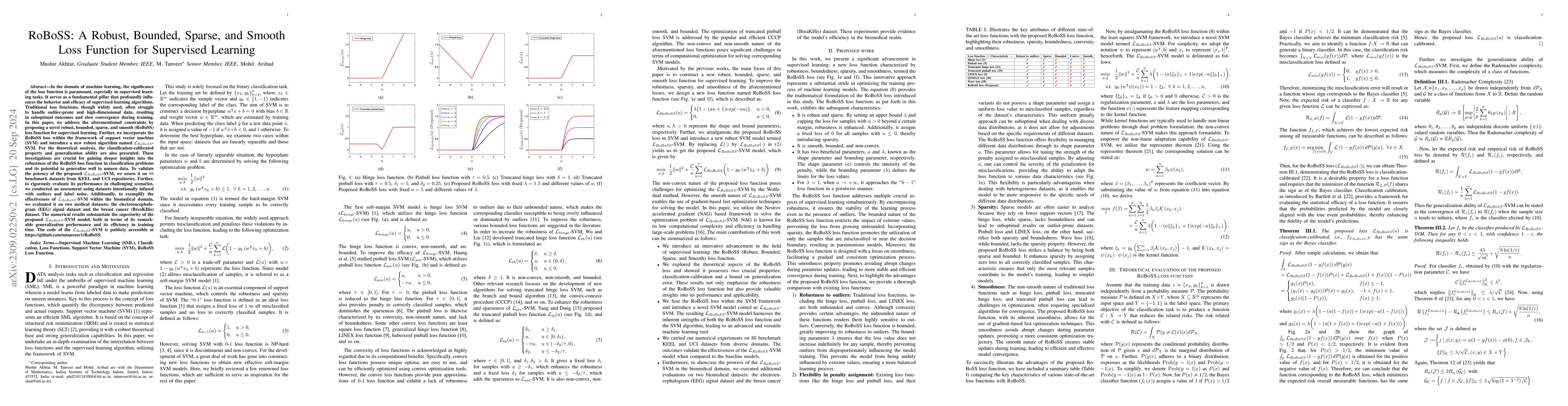 Thumbnail for RoBoSS: A Robust, Bounded, Sparse, and Smooth Loss Function for
  Supervised Learning