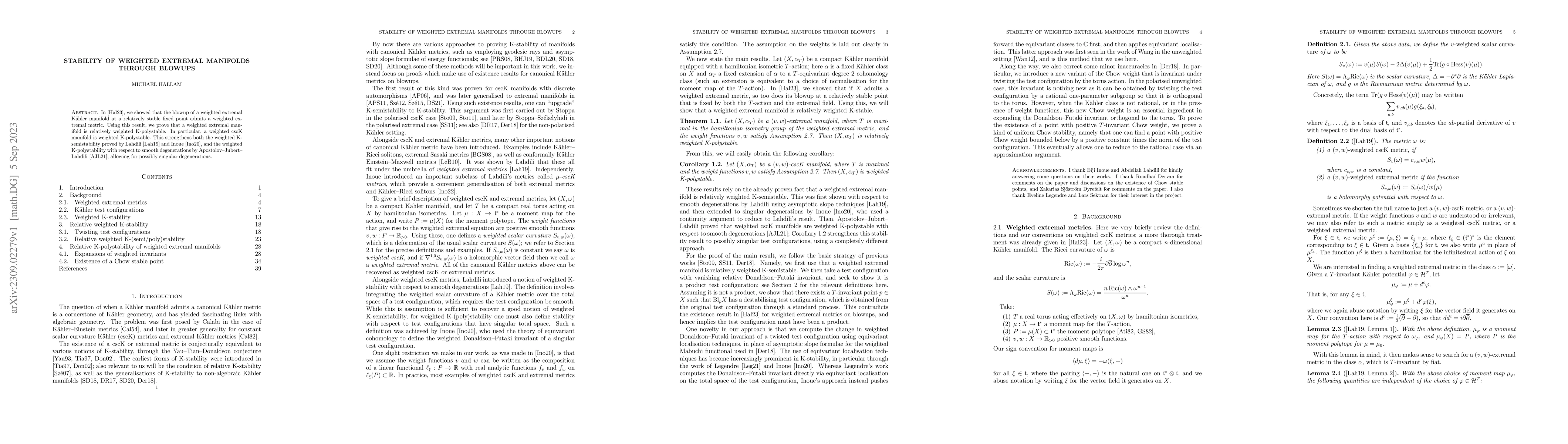 Thumbnail for Stability of weighted extremal manifolds through blowups