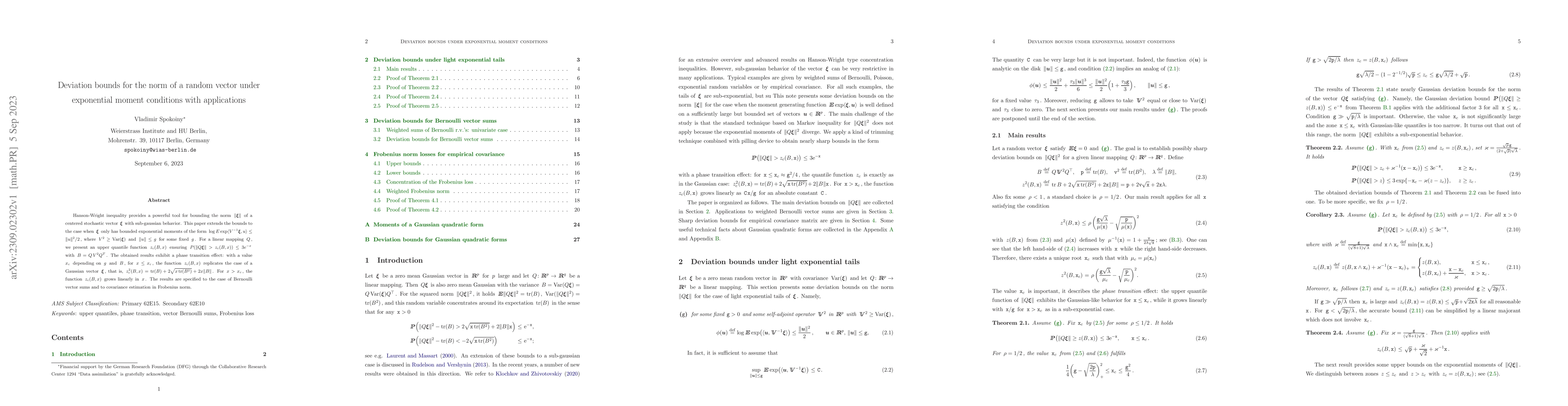 Thumbnail for Deviation bounds for the norm of a random vector under exponential
  moment conditions with applications