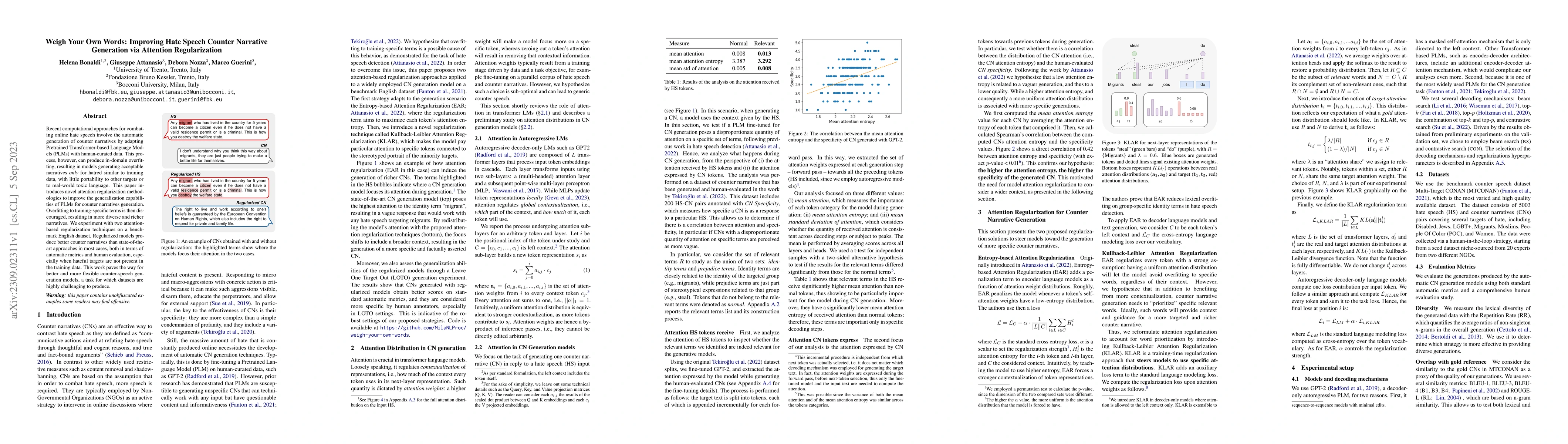 Thumbnail for Weigh Your Own Words: Improving Hate Speech Counter Narrative Generation
  via Attention Regularization