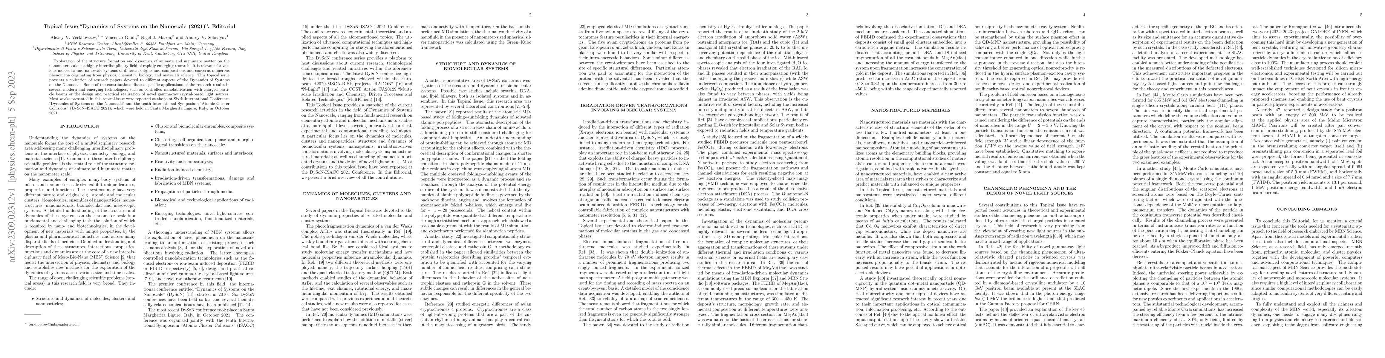Thumbnail for Topical Issue "Dynamics of Systems on the Nanoscale (2021)". Editorial