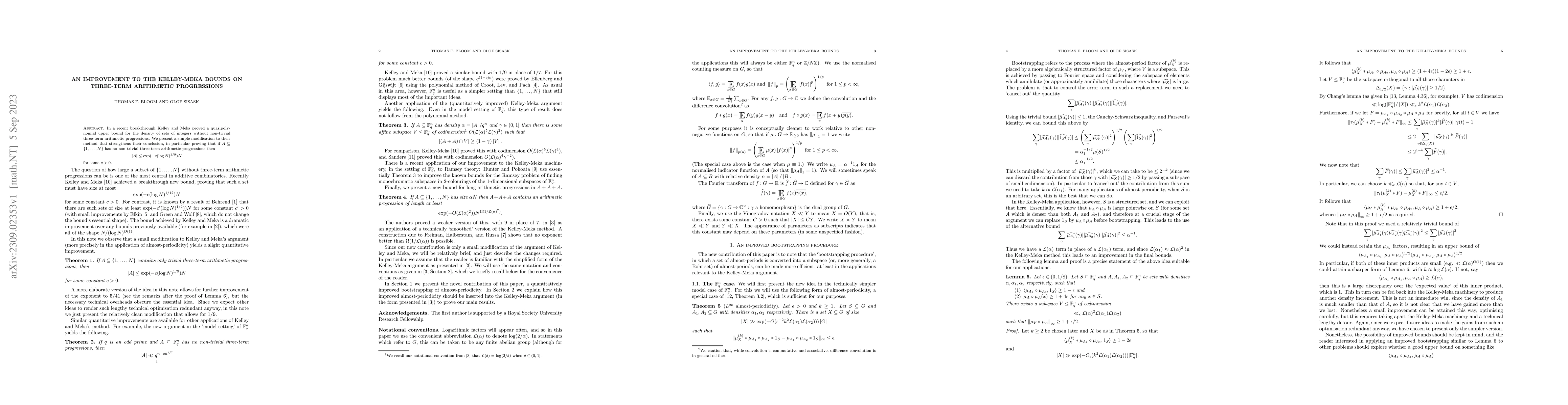 Thumbnail for An improvement to the Kelley-Meka bounds on three-term arithmetic
  progressions
