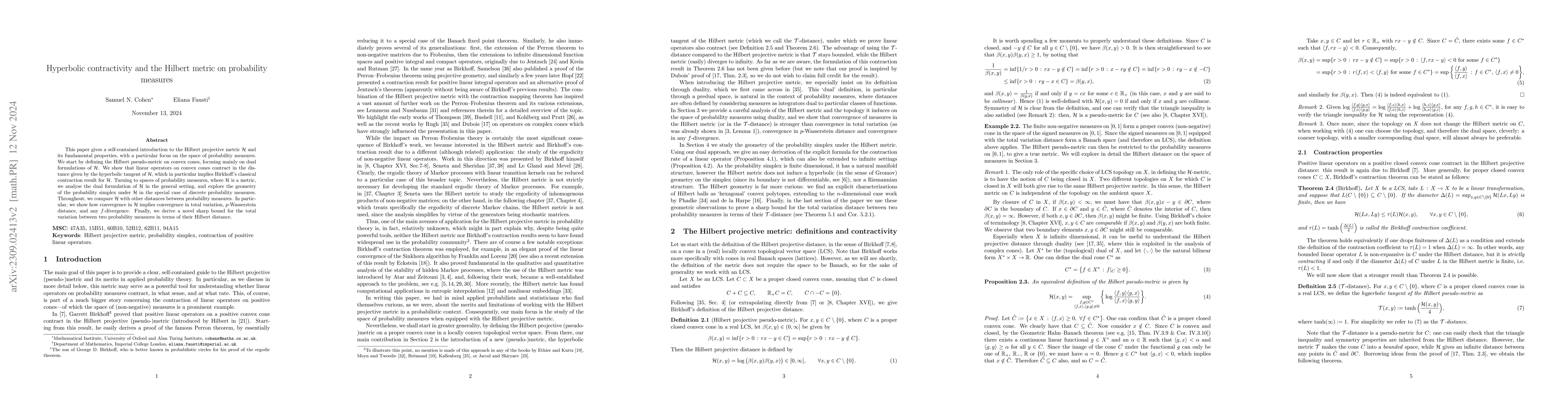 Thumbnail for Hyperbolic contractivity and the Hilbert metric on probability measures