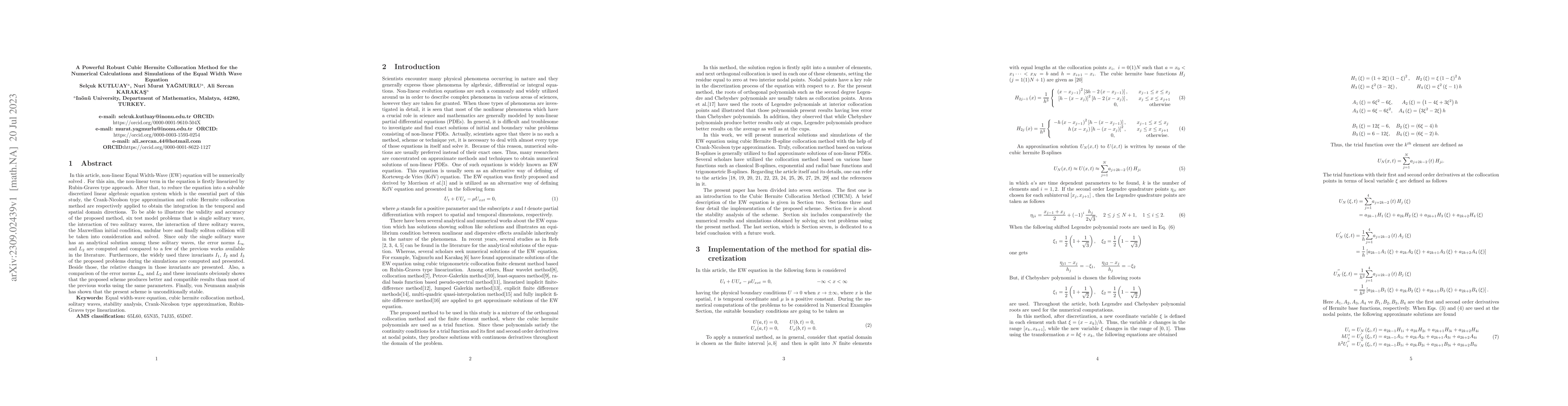 Thumbnail for A Powerful Robust Cubic Hermite Collocation Method for the Numerical
  Calculations and Simulations of the Equal Width Wave Equation
